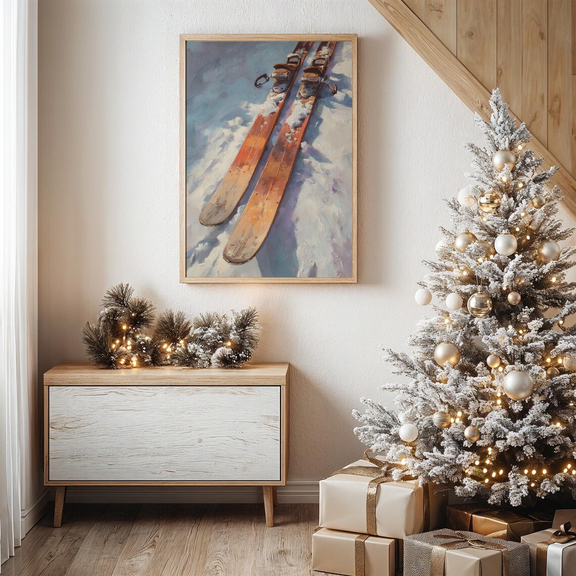 Vintage Wooden Skis in Snow Art Print
