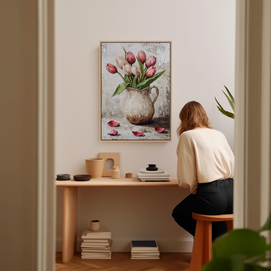 Pink Tulips in Vintage Ceramic Pitcher With Scattered Petals Poster - Image 4