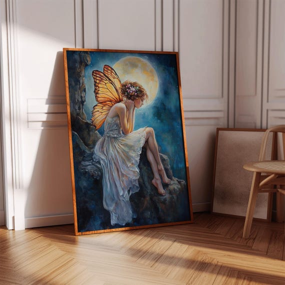 Fairy Canvas Wall Art With Monarch Wings Dreamy Moonlight Fantasy Painting Enchanted Forest Decor For Whimsical Bedroom Or Nursery