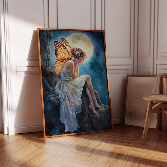 Fairy With Monarch Wings Moonlight Forest Whimsical Fantasy Print