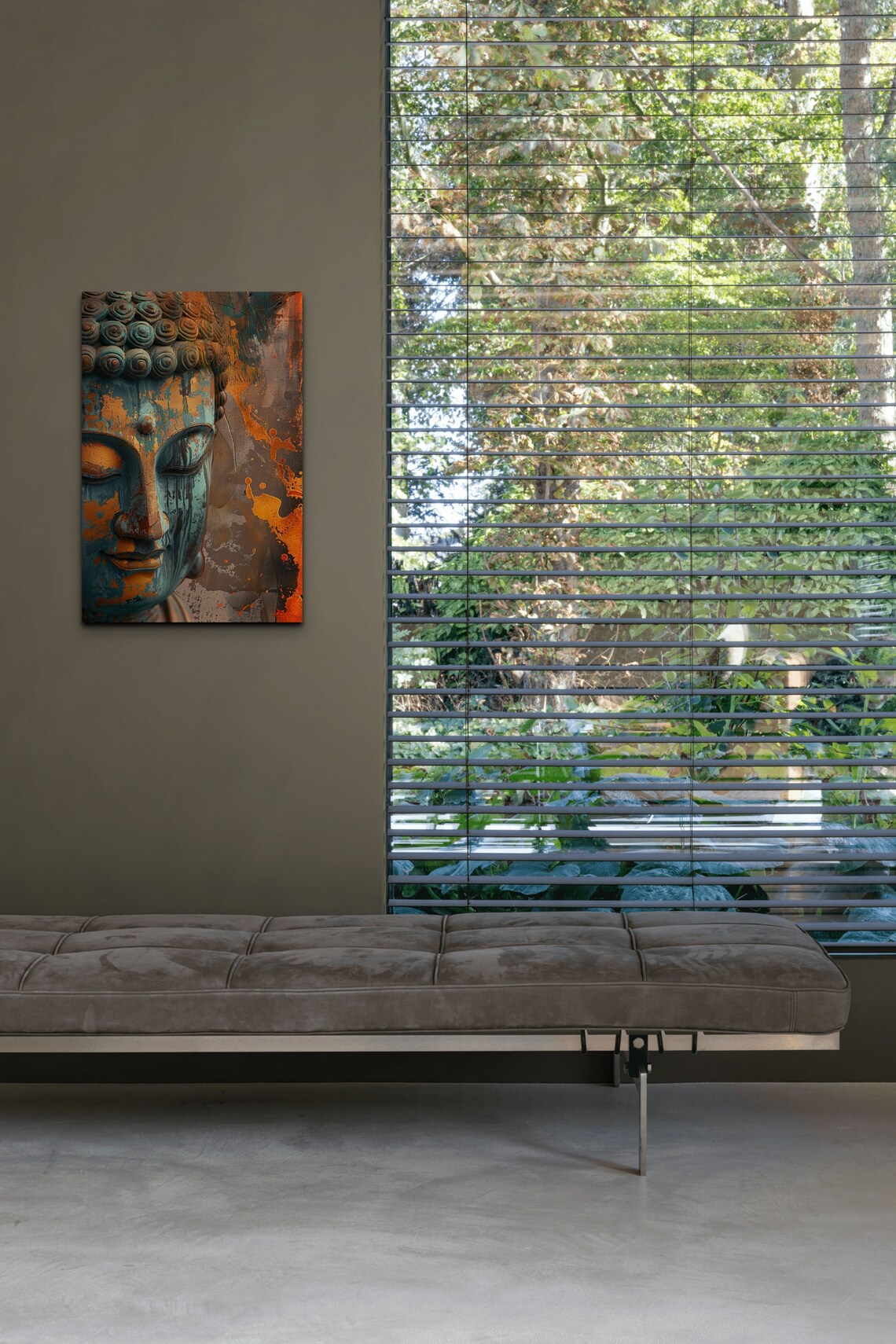 Serene Buddha Face in Teal and Gold Textured Portrait Art Poster - Image 5