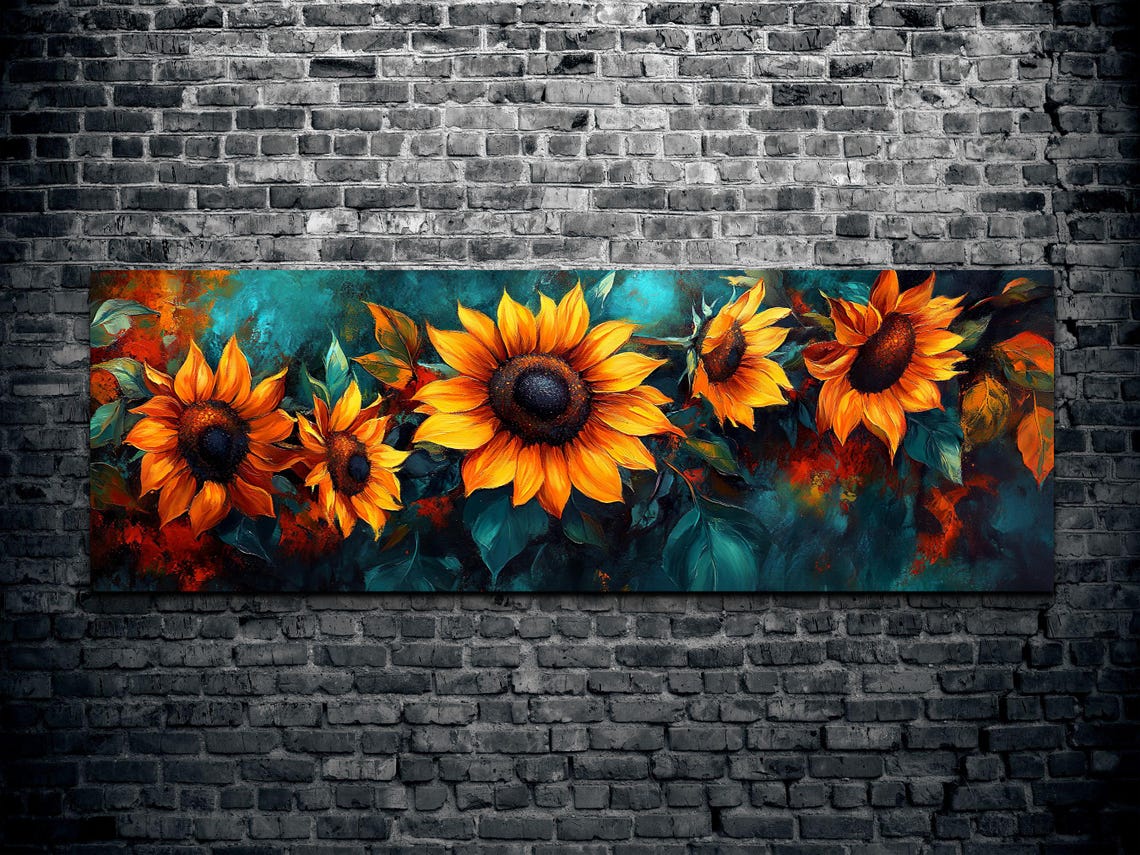 Impressionist Sunflowers Against Dark Teal Painterly Art Poster - Image 2