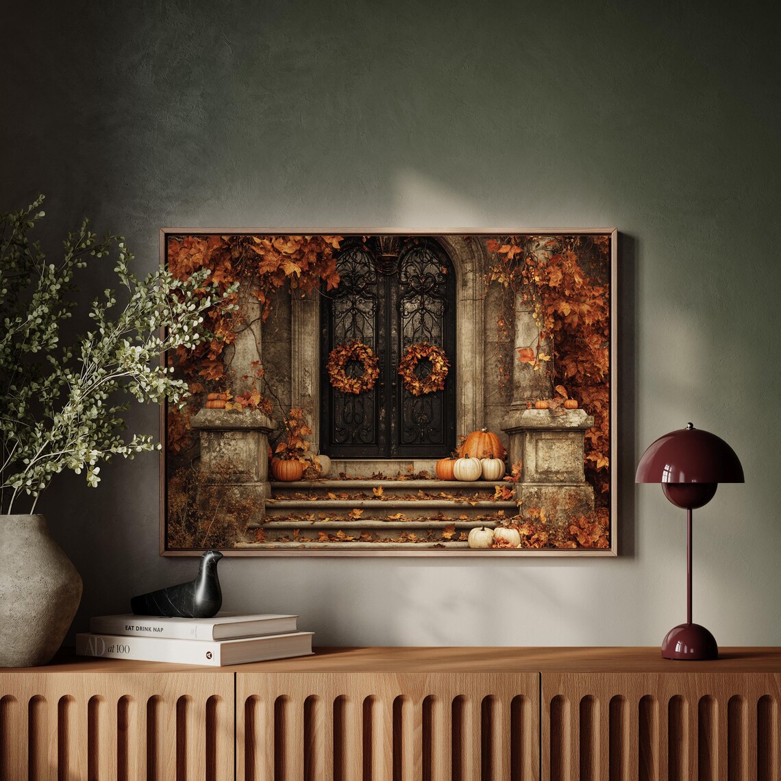 Autumn Stone Doorway With Wreaths Pumpkins And Falling Leaves Wall Art - Image 5