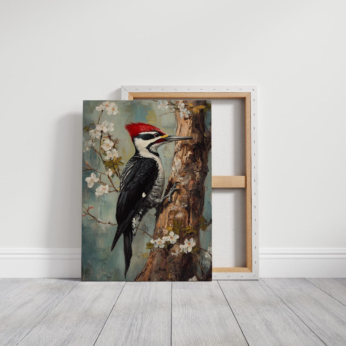 Red Crested Woodpecker On Tree Trunk With Spring Blossoms Poster - Image 6