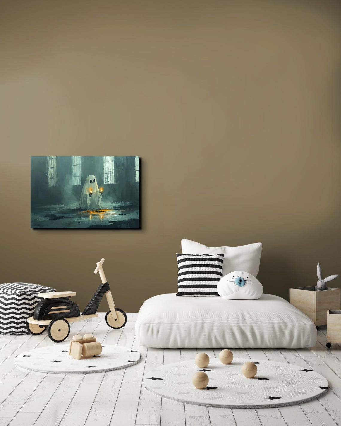 Cute Ghost Holding Two Lit Candles in a Dark Misty Gothic Hall Poster - Image 3