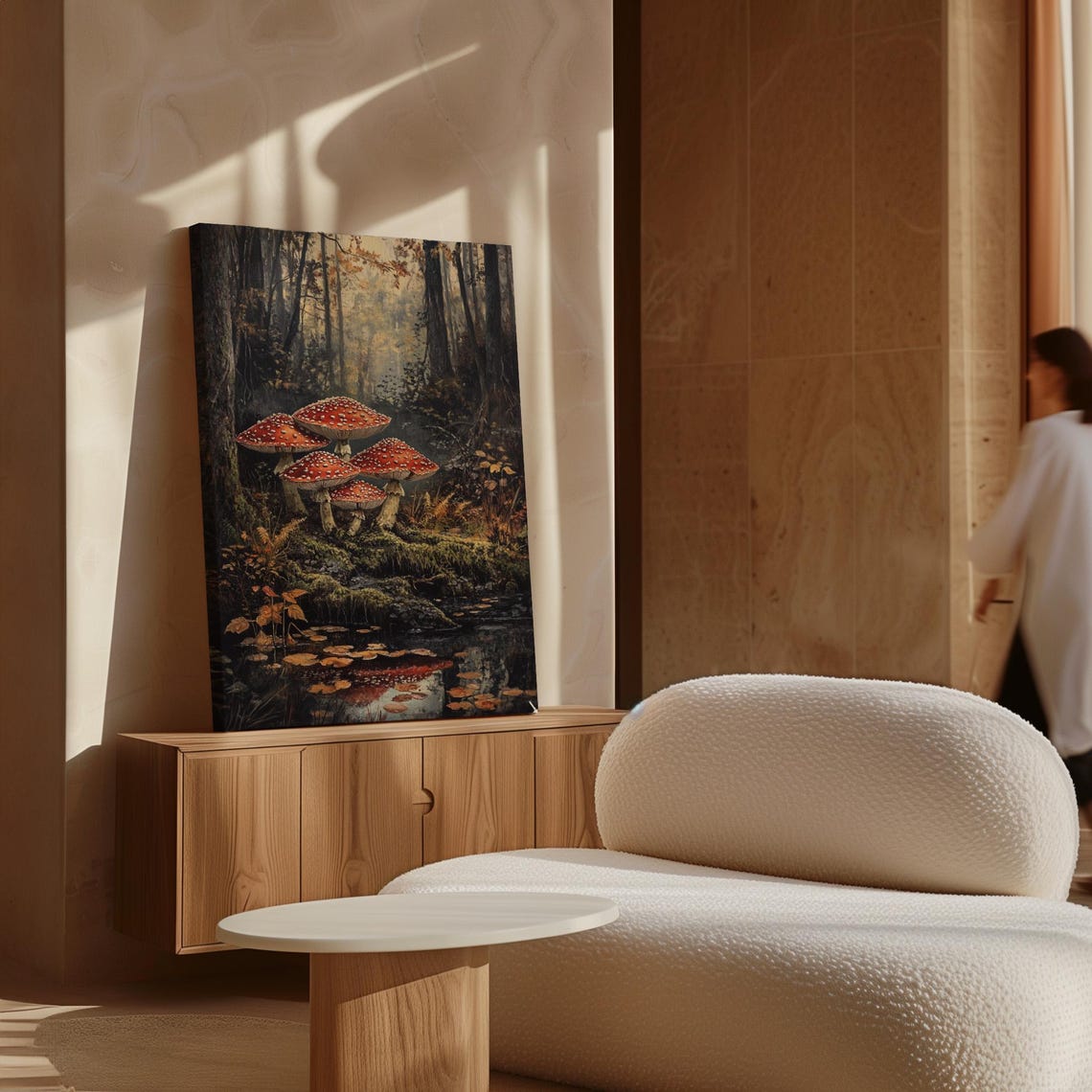 Red Fly Agaric Mushrooms by a Still Forest Pond Reflections Poster - Image 5