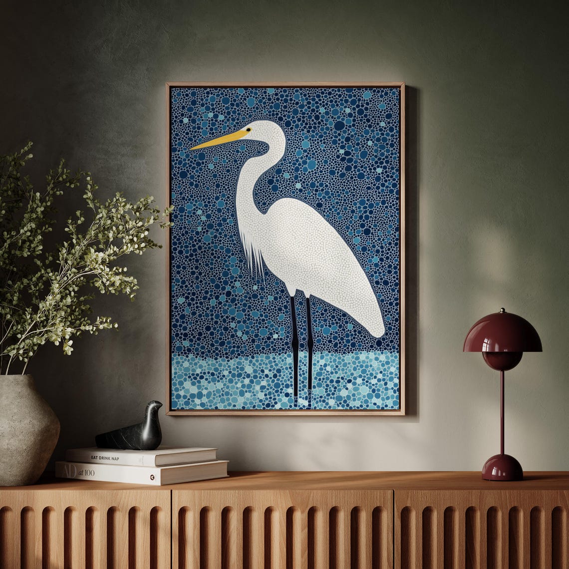 White Egret on Blue Pointillist Dots Coastal Bird Art Poster - Image 5