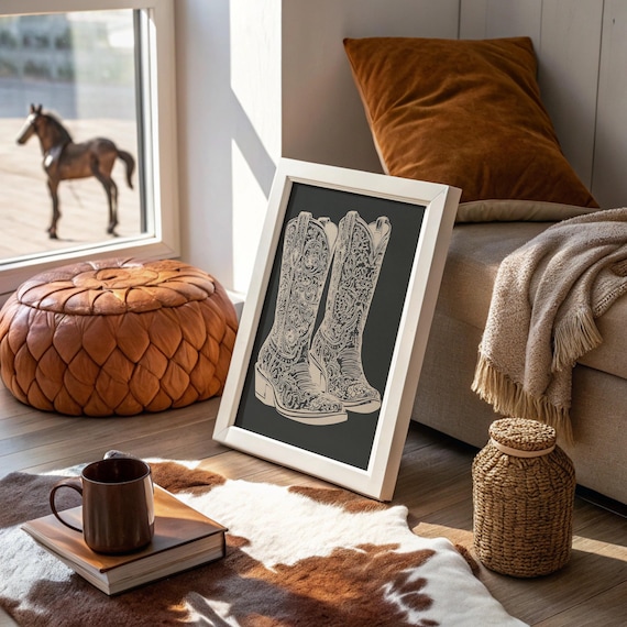 Intricate Tooled Cowboy Boots Black And White Western Poster