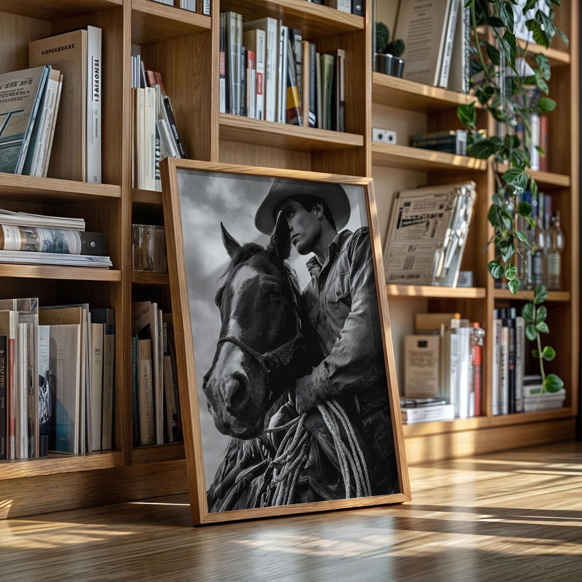 Cowboy with Lasso Beside Horse Black and White Western Photo Poster