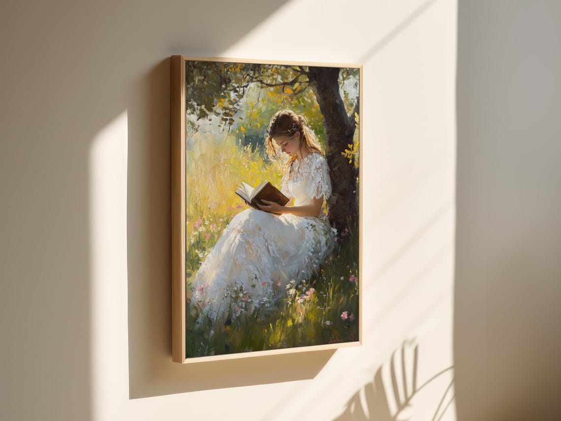 Woman Reading Under Tree Vintage Oil Painting Golden Meadow Poster - Image 7