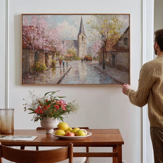European Church Street With Cherry Blossoms Oil Painting Poster