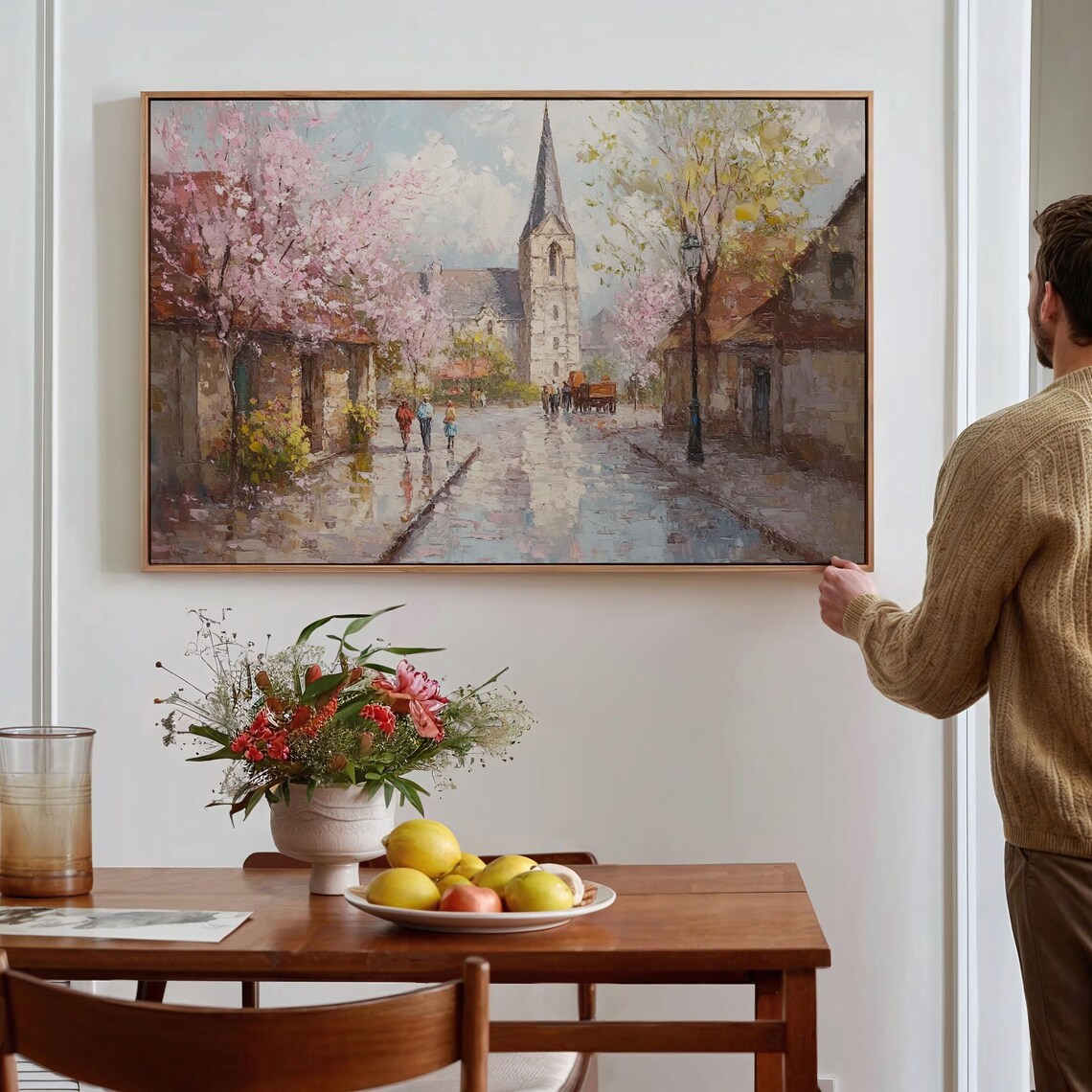 European Church Street With Cherry Blossoms Oil Painting Poster