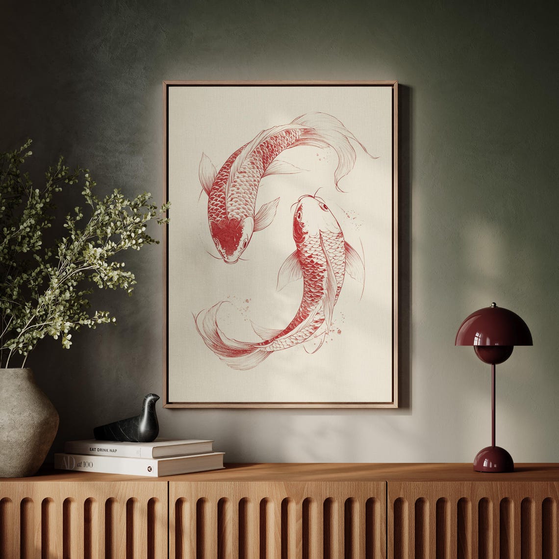 Red Koi Fish Yin Yang Circle Japanese Zen Ink Minimalist Poster - Image 2