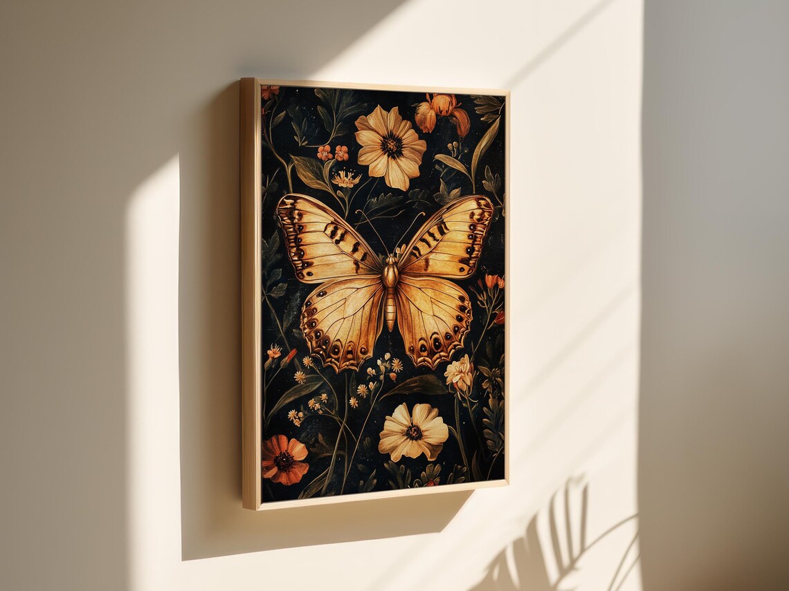 Vintage Golden Butterfly Among Cosmos Flowers Dark Botanical Poster - Image 4