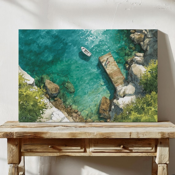 Turquoise Cove With Wooden Dock And Boat Aerial Coastal Art Print