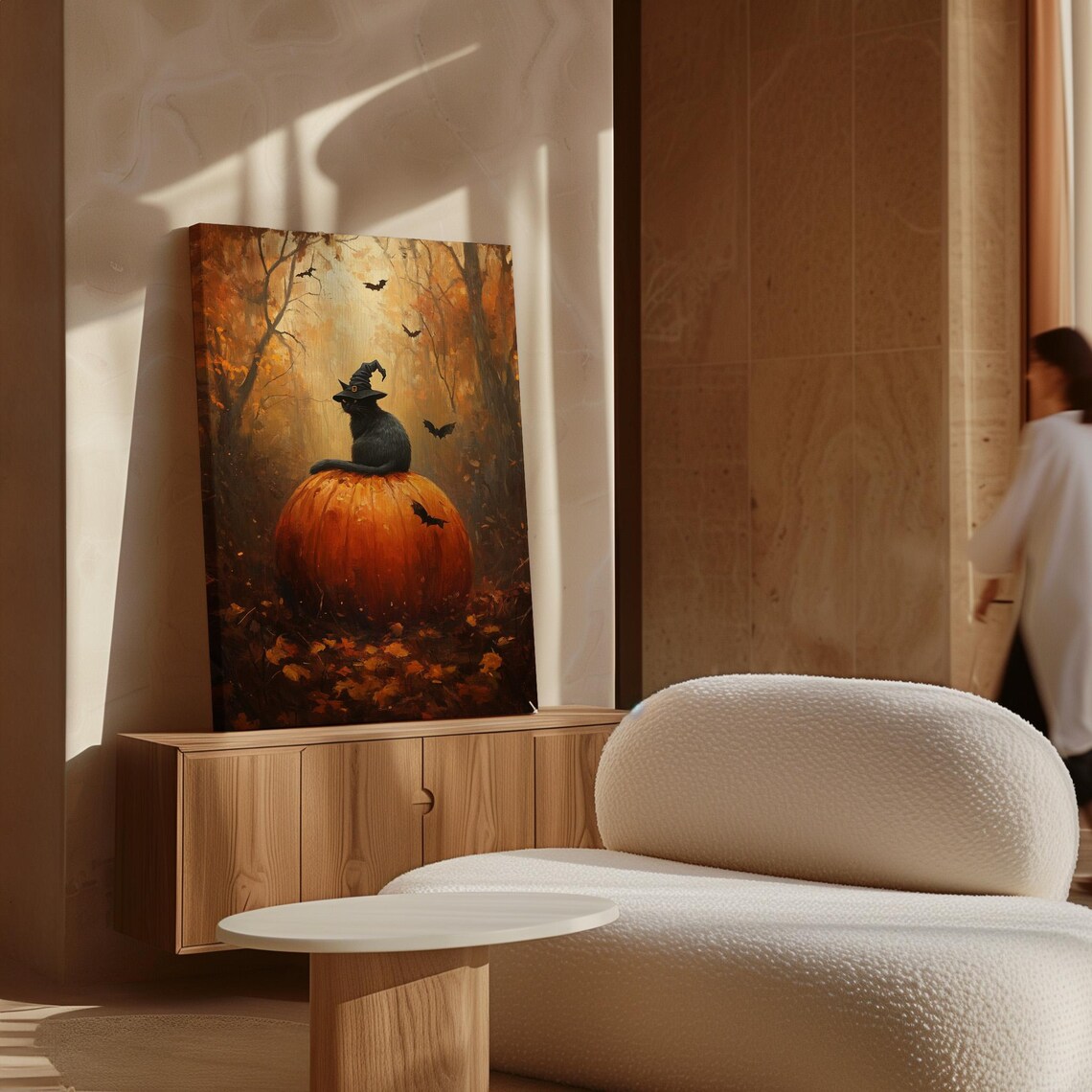 Black Cat Witch Hat On Pumpkin Autumn Forest Bats Spooky Halloween Poster - Image 3