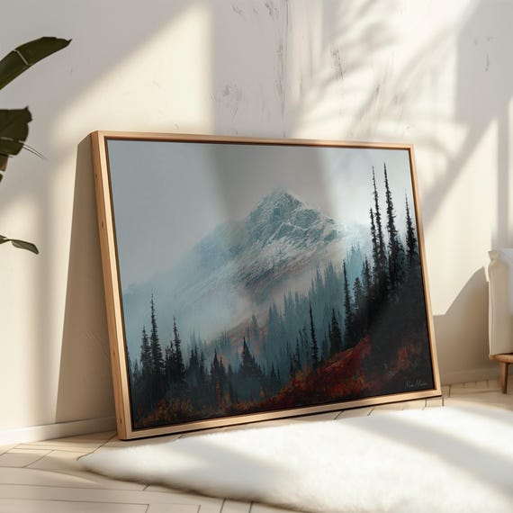 Misty Mountain Forest Canvas Wall Art Snowcapped Peak With Pine Trees Moody Wilderness Landscape Print Rustic Cabin Nature Decor