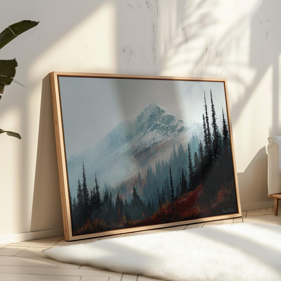 Misty Mountain Forest with Snowcapped Peak and Pine Trees Poster