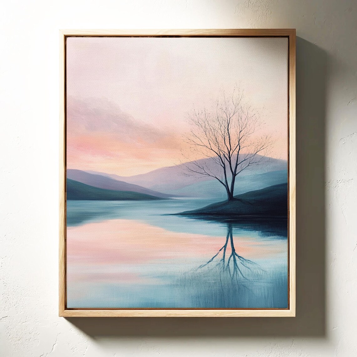 Tranquil Tree Reflection Soft Pastel Lake Landscape Painting Serene Minimalist Nature Wall Art For Home Office - Image 3