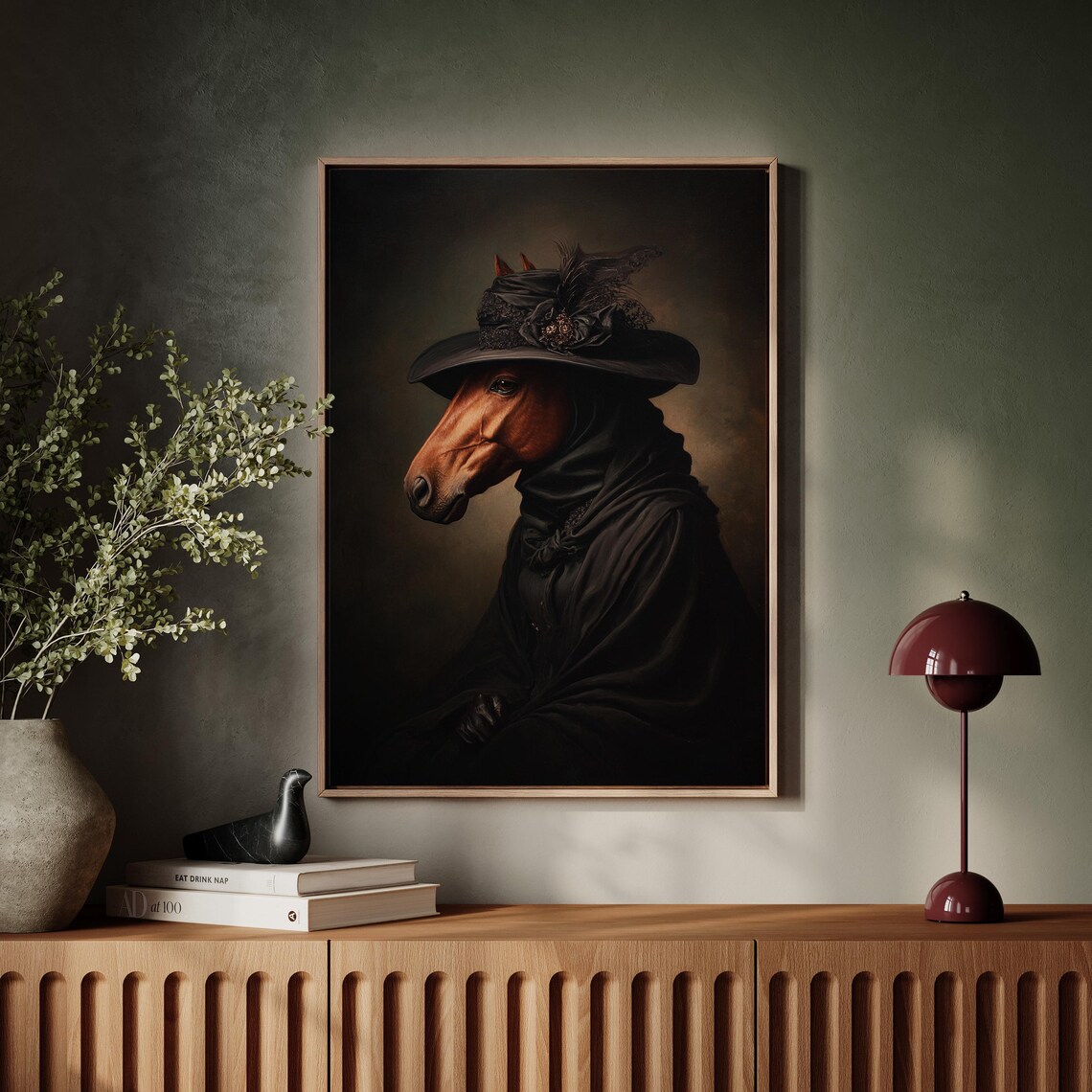 Horse Lady in Black Victorian Gown with Feather Hat Portrait Poster