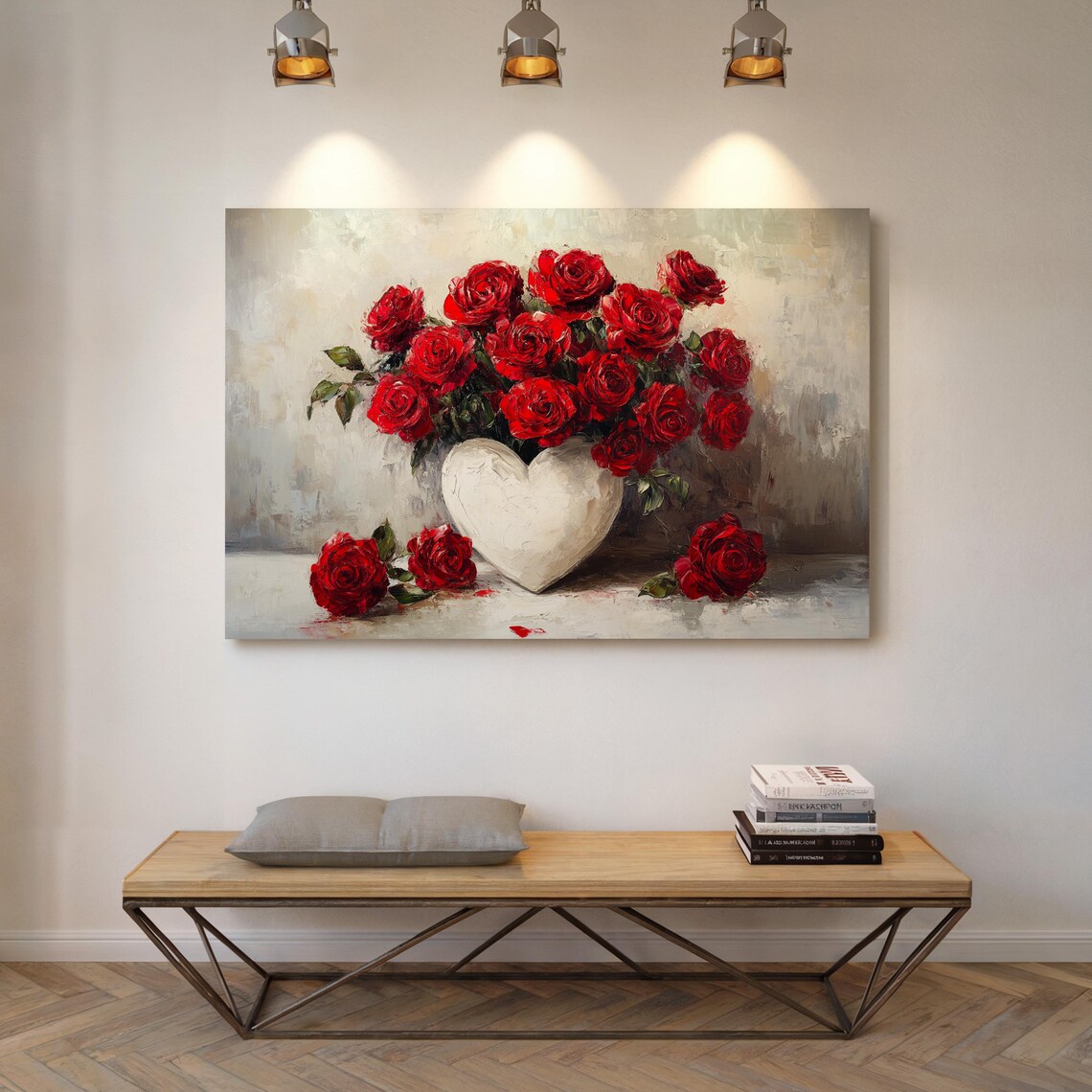 Red Rose Bouquet In White Heart Vase Romantic Oil Painting Poster - Image 7