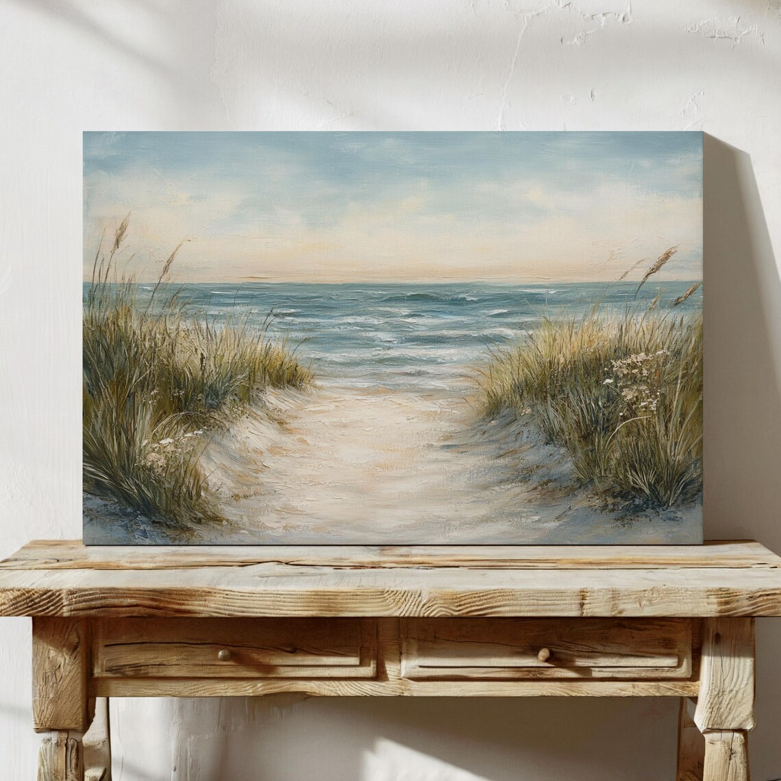 Coastal Beach Path, Soft Blue Seascape Oil Painting - Image 2