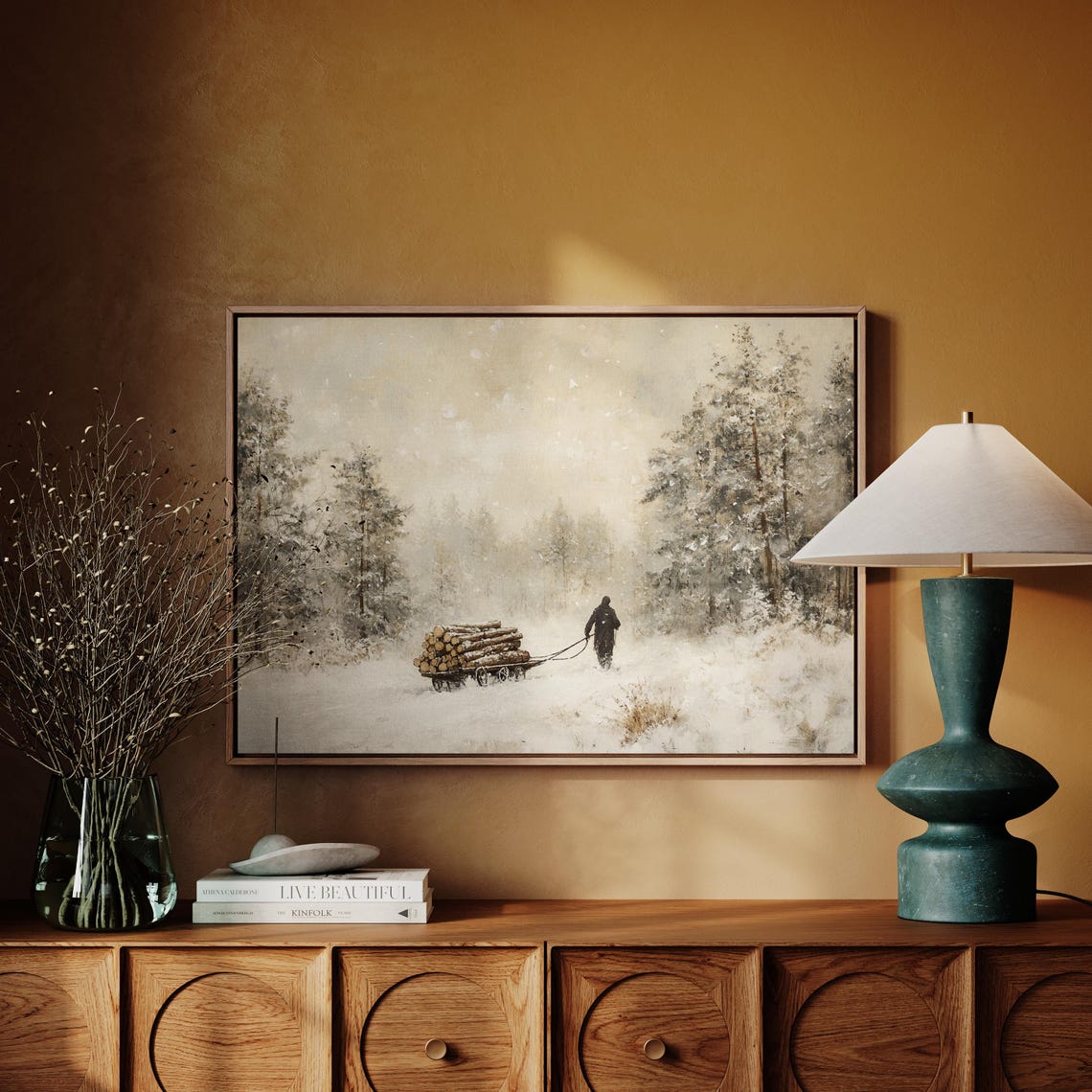 Lone Woodsman Pulling a Log Sled Through Deep Winter Snow Poster - Image 4