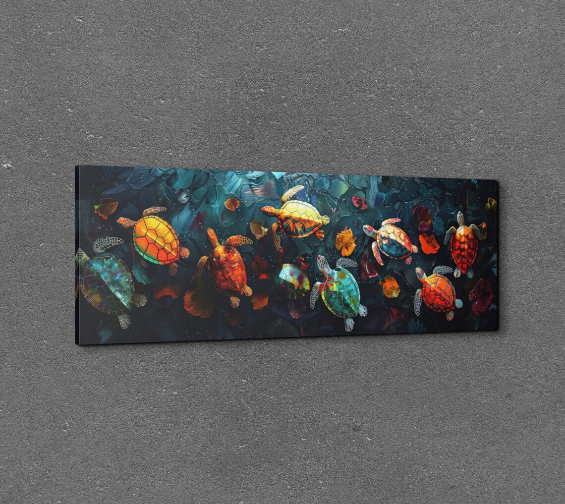 Colorful Painted Sea Turtles Top View Dark Ocean Water Poster - Image 6