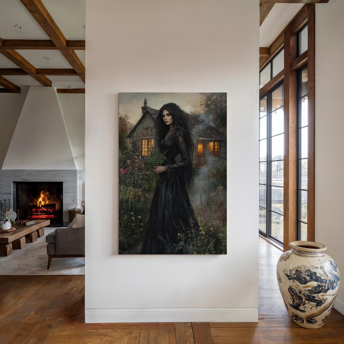 Mysterious Woman in Black Dress by a Glowing Cottage at Dusk Poster - Image 4