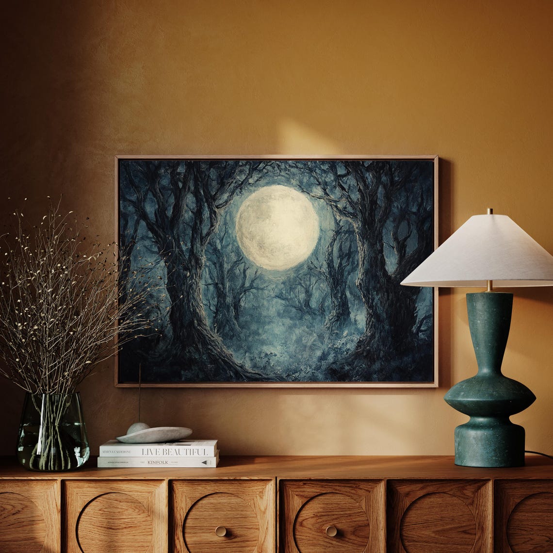 Full Moon Between Gnarled Trees Misty Night Forest Wall Poster - Image 4