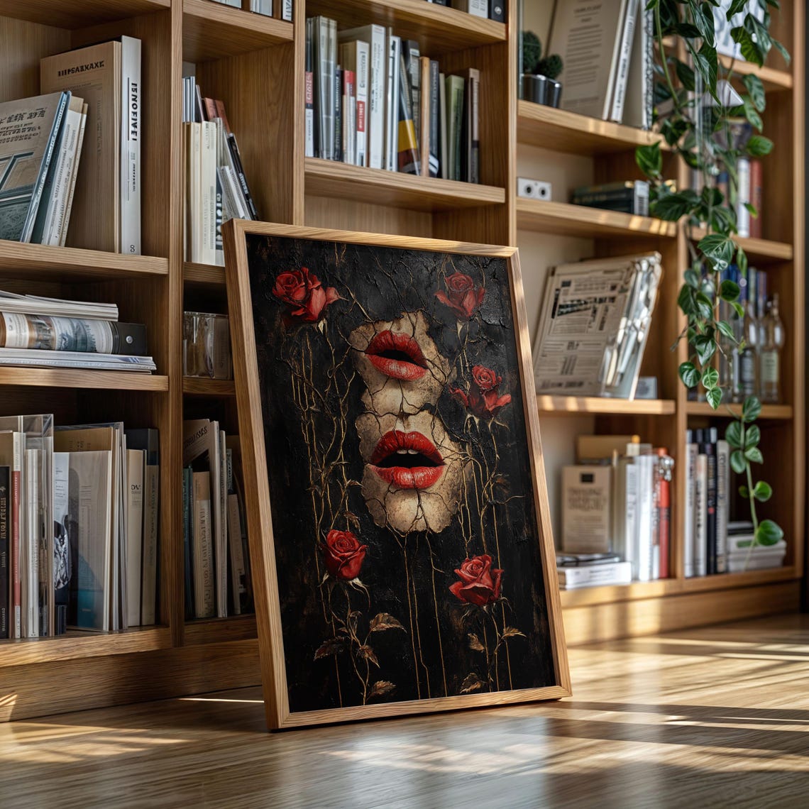 Cracked Face With Red Lips And Roses Dark Surreal Art Poster