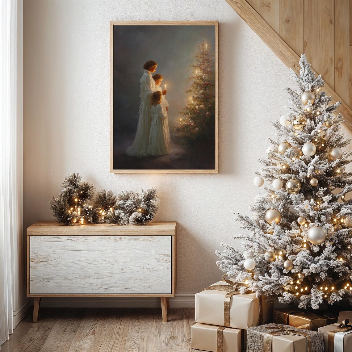 Mother And Children By Candlelit Christmas Tree Art Print