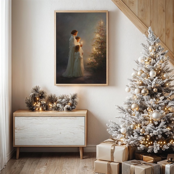 Mother And Children By Candlelit Christmas Tree Art Print