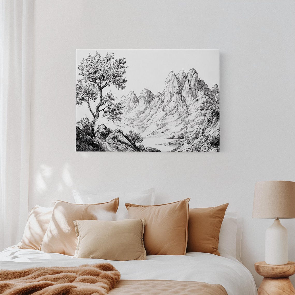 Black And White Mountain Ink Drawing With Pine Tree Art Poster - Image 4
