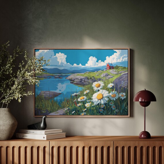 Bright Lakeside Meadow of Daisies with Red Cabin Landscape Wall Art