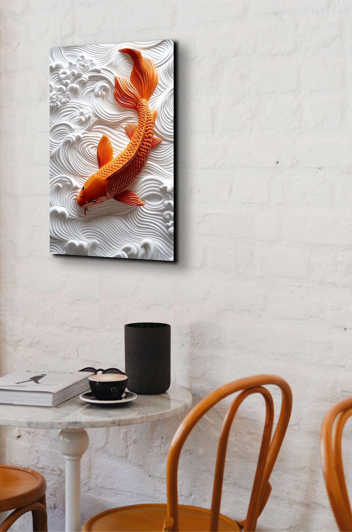 Orange Koi Fish Swimming White Wave Relief 3D Art Effect Poster - Image 7
