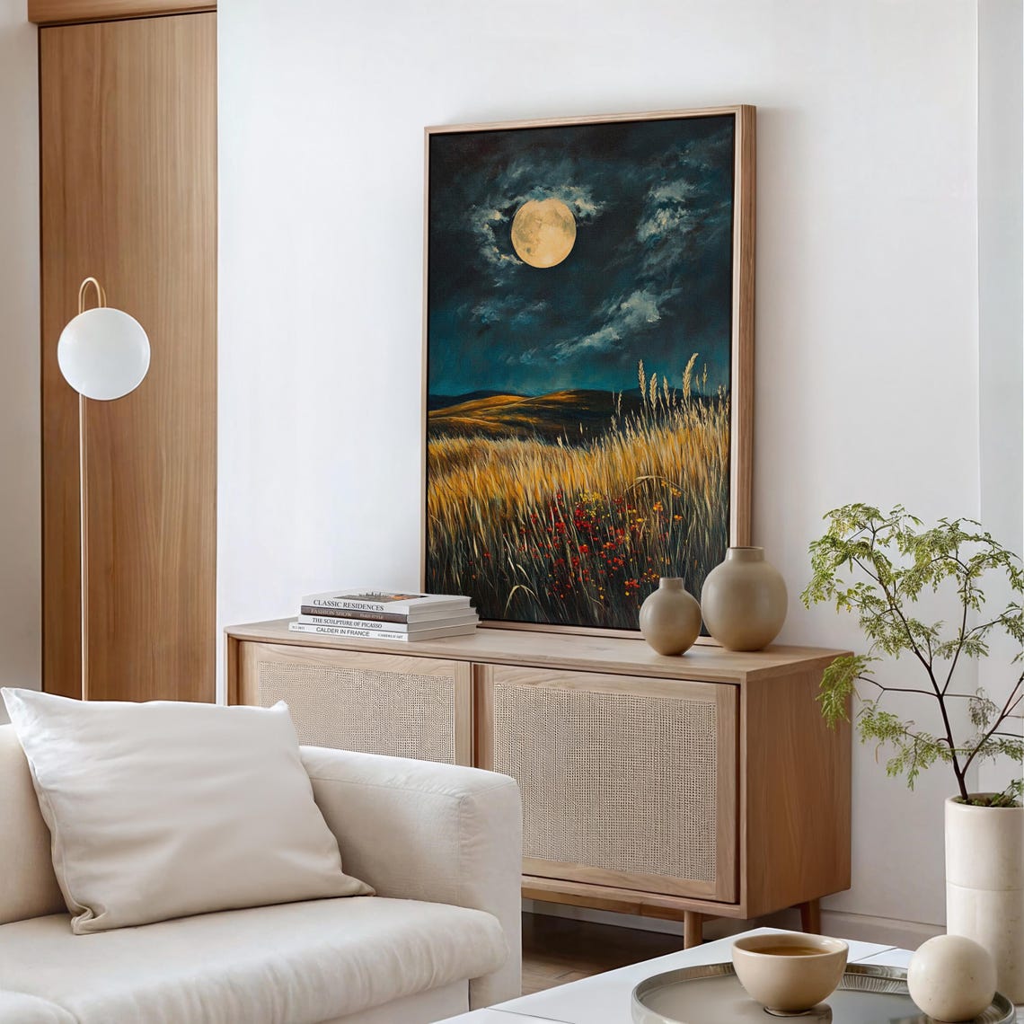 Golden Wheatfield Wildflowers Full Moon Cloudy Night Sky Poster - Image 5