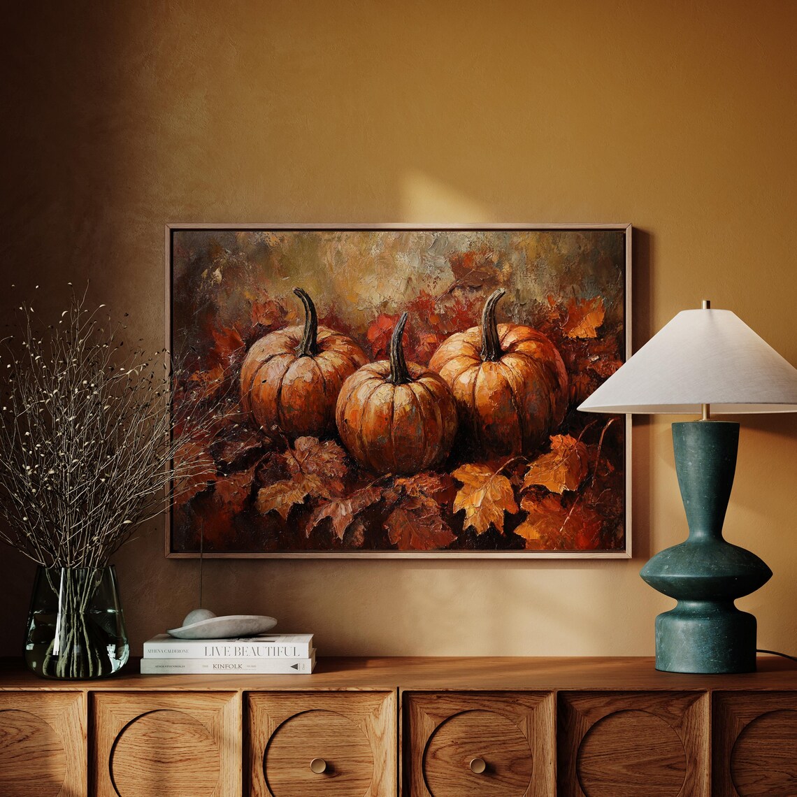 Three Pumpkins Among Autumn Leaves Moody Fall Harvest Still Life Poster - Image 4