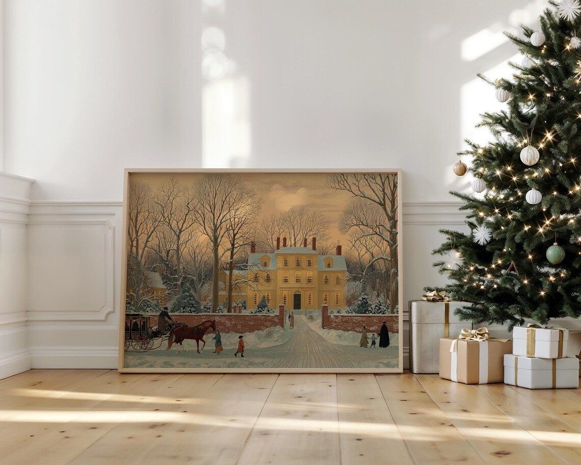 Historic Winter Mansion, Vintage Christmas Scene Art Print