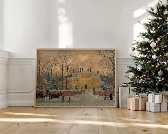 Historic Winter Mansion, Vintage Christmas Scene Art Print