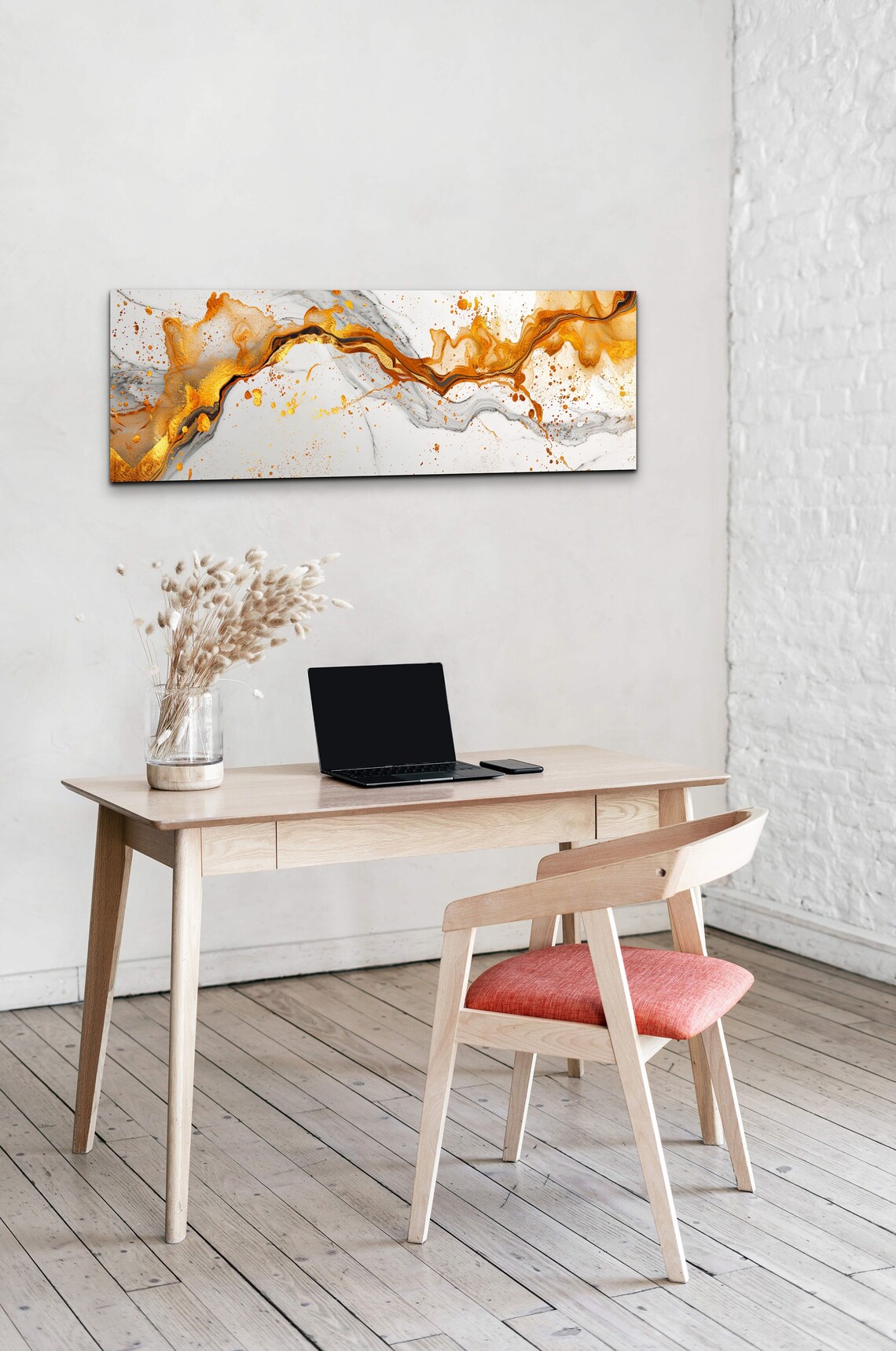 Abstract Gold and Gray Fluid Ink Swirls Panoramic Modern Poster - Image 4