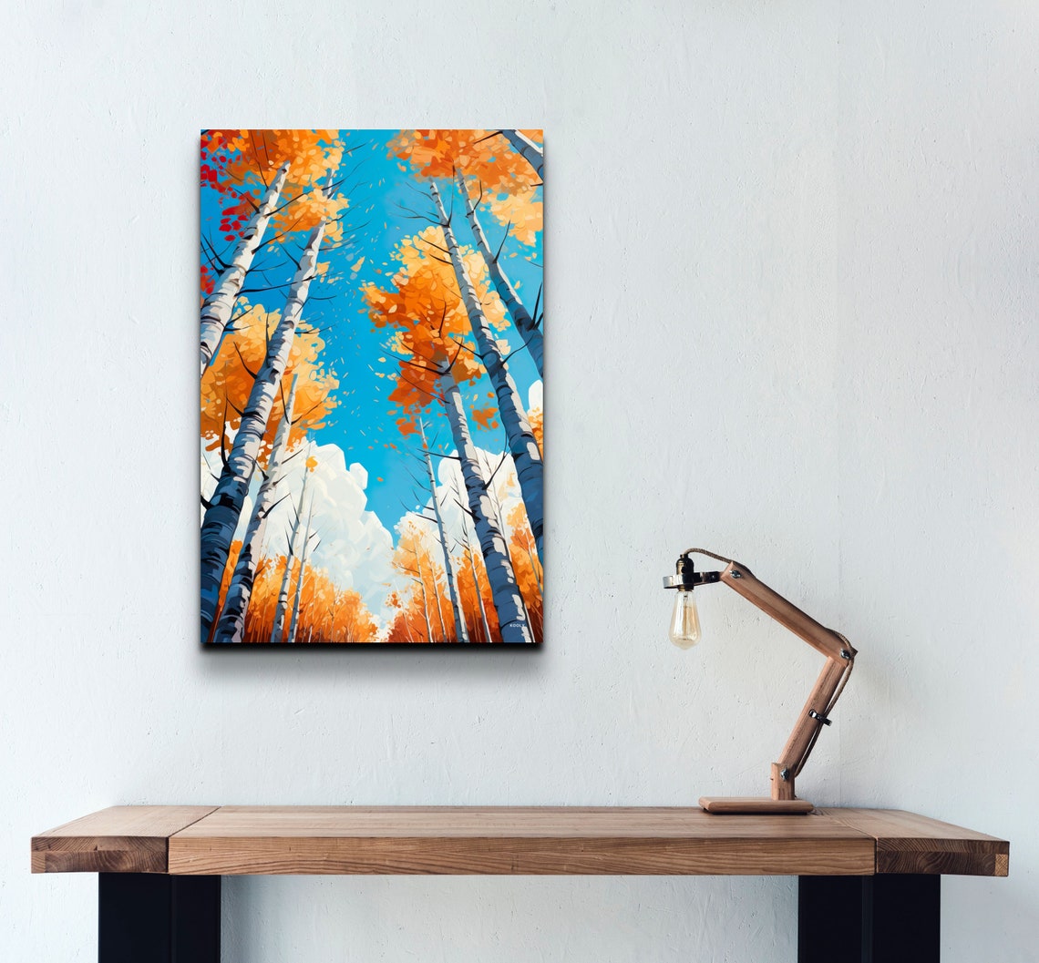 Golden Autumn Birch Trees Reaching Toward a Bright Blue Sky Poster - Image 3