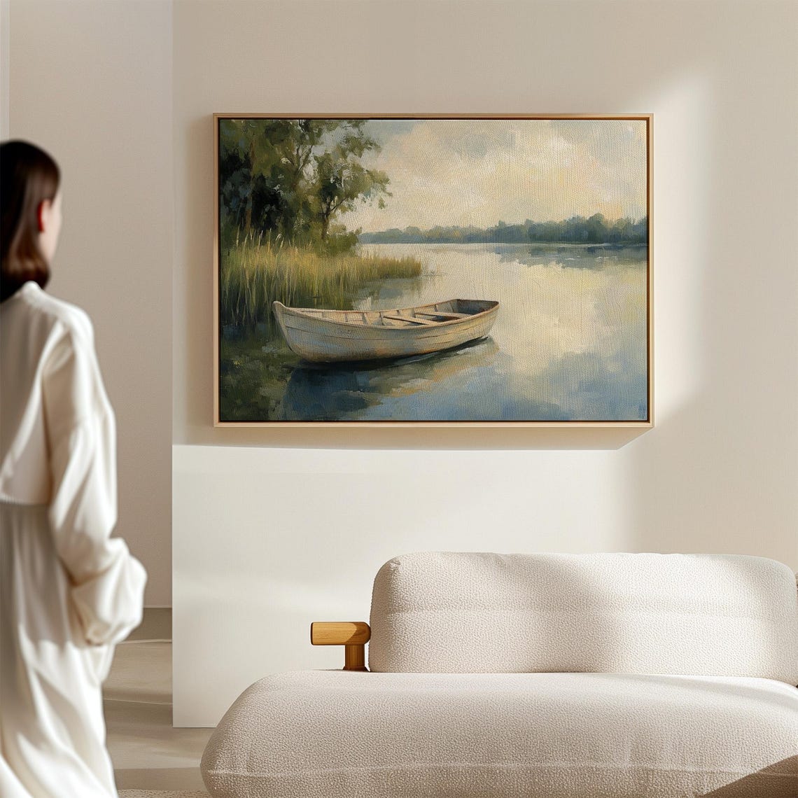 White Rowboat Misty Lake Golden Morning Serene Nature Poster - Image 5