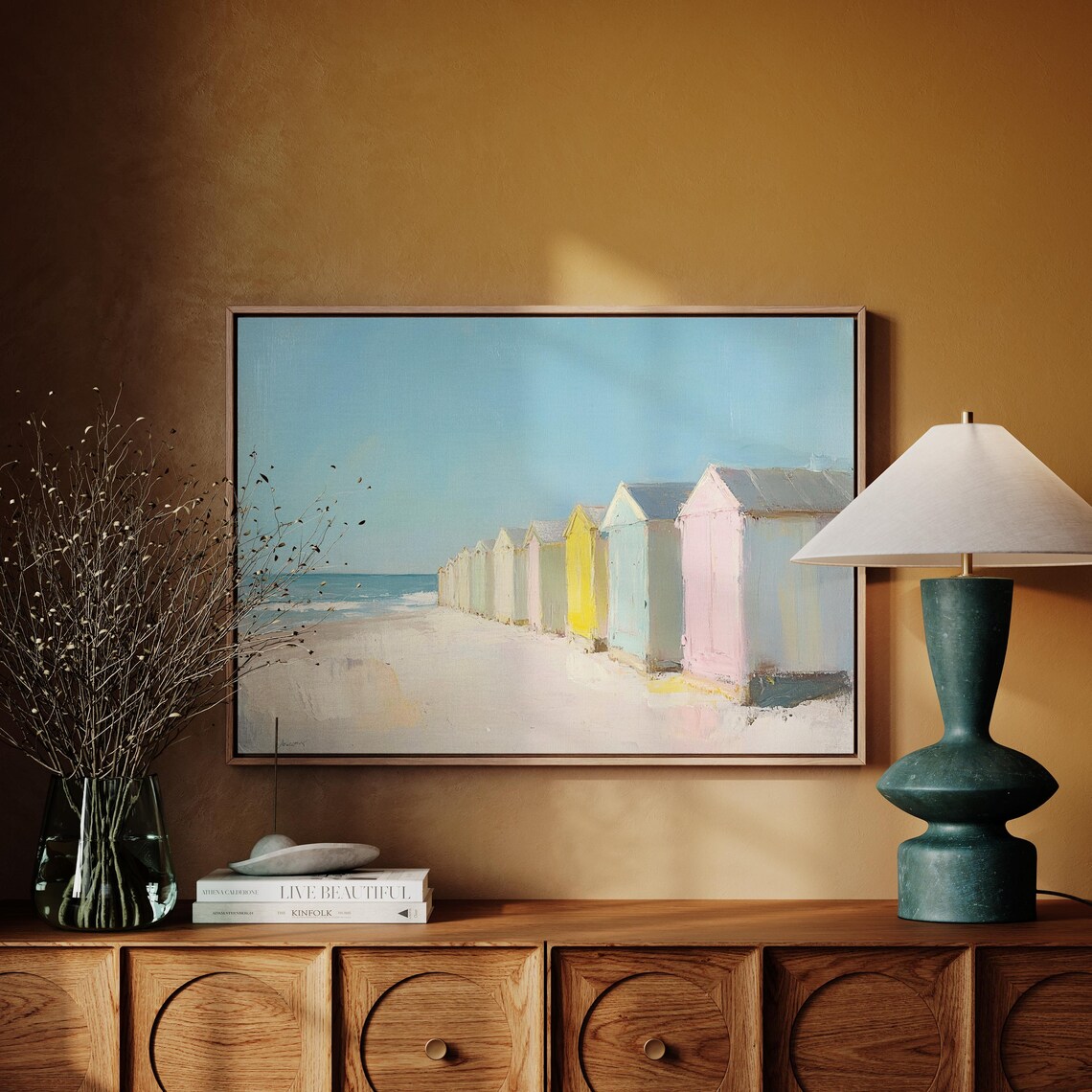 Coastal Beach Huts Art Print, Pastel Summer Seaside Scene - Image 4