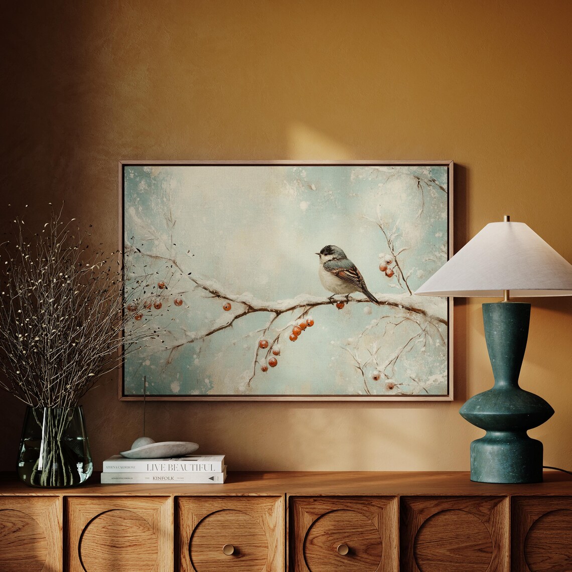 Winter Bird, Snowy Branch With Red Berries Art Print - Image 4