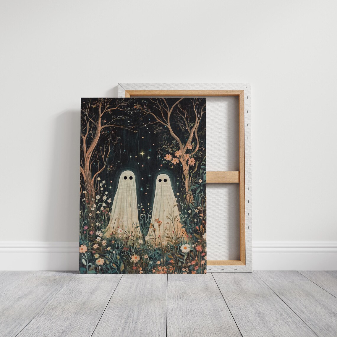 Two Cute Ghosts In Starry Night Garden With Wildflowers Spooky Art Poster - Image 2