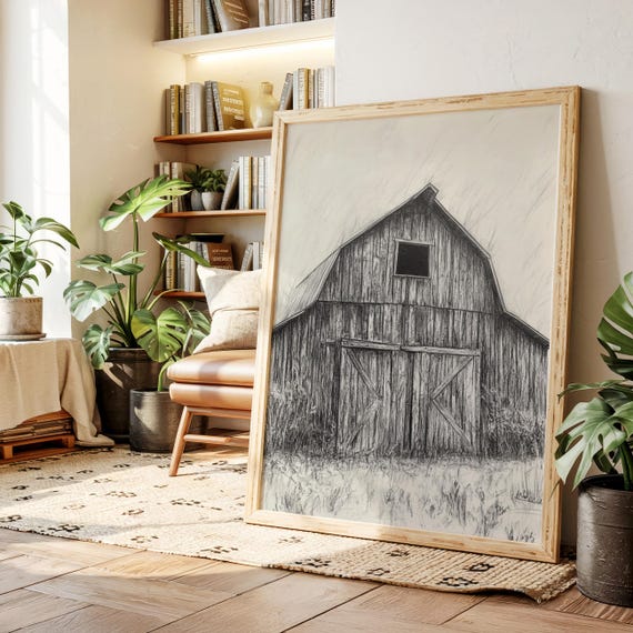 Rustic Barn Ink Drawing Canvas Print Vintage Farmhouse Wall Art Black And White Line Of Old Country Western Decor Gift