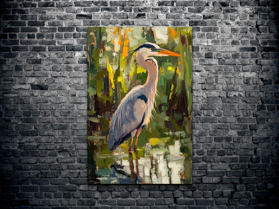 Great Blue Heron Standing Marsh Impressionist Bird Art Poster - Image 2