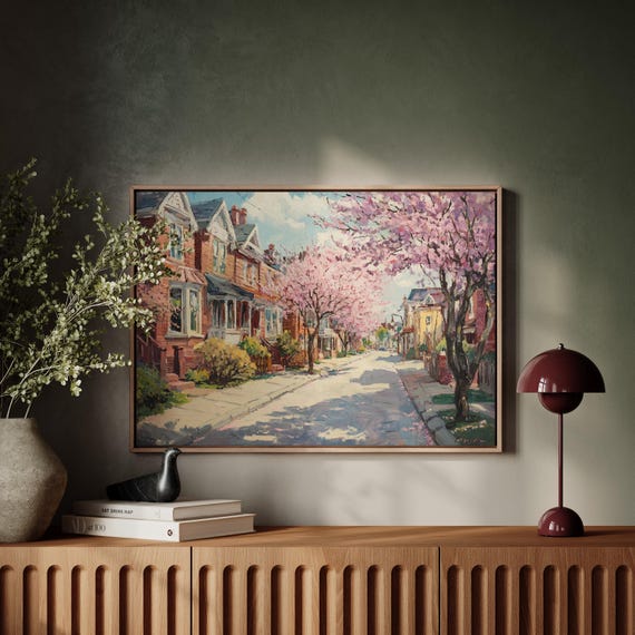 Springtime Neighborhood, Charming Cherry Blossom Street
