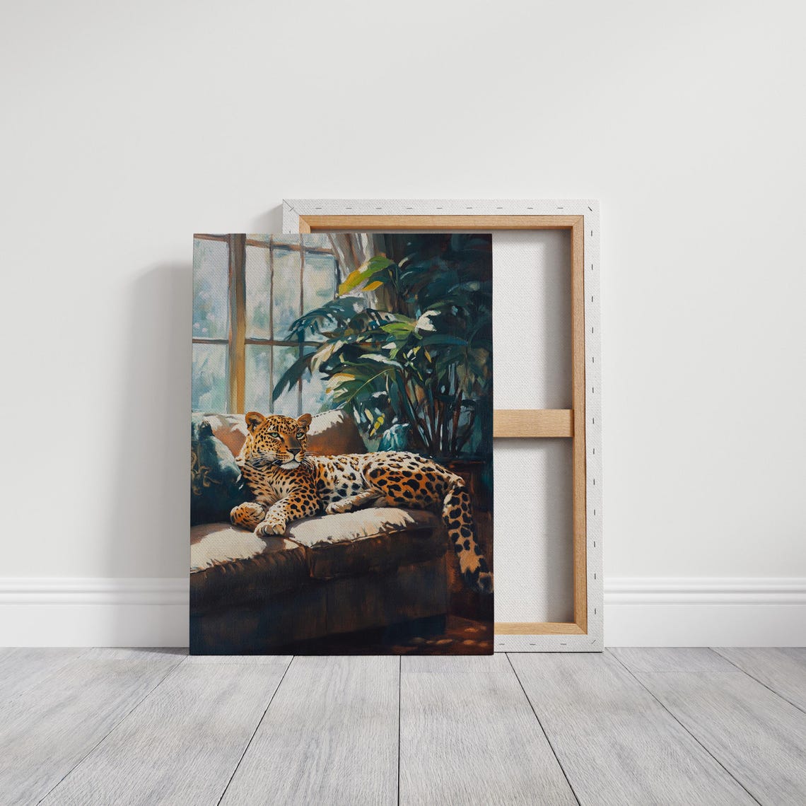 Relaxed Leopard Lounging on a Sunlit Sofa Beside Palm Plants Poster - Image 3